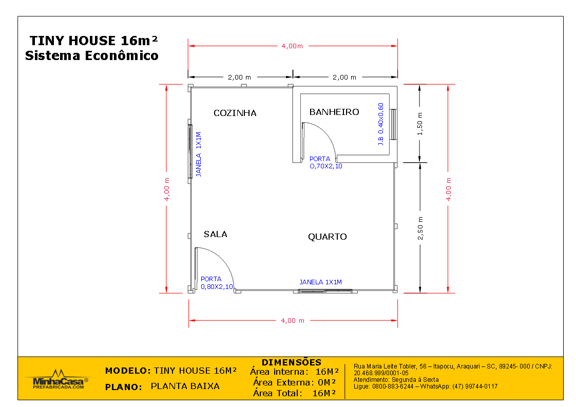 Planta baixa da Tiny House TH02 – 16 m² Planta baixa detalhada do modelo Tiny House TH02