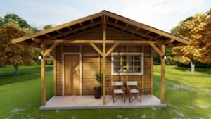 Fachada principal da casa POP 1.5 em madeira pinus autoclave