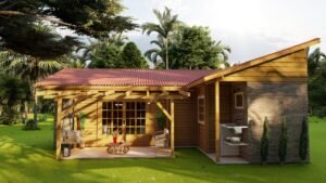 POP 1.6 36,00m² pré-fabricado em madeira pinus autoclave — fachada principal em visão geral do kit