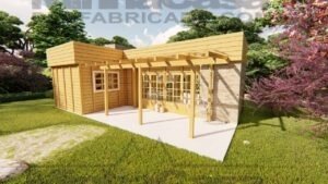 POP 2.6 de 69,16m² pré-fabricado em madeira pinus autoclave — fachada principal em outro ângulo