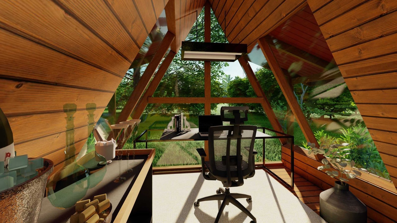 Visão Geral Ampliada – Pousada POP 1.9 em 3D à Distância Render 3D da Pousada POP 1.9 vista ampliada à distância, mostrando todo o kit em pinus tratado