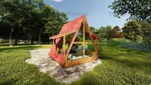 Imagem 3D da fachada traseira da pousada POP 1.9 com visão parcial da lateral