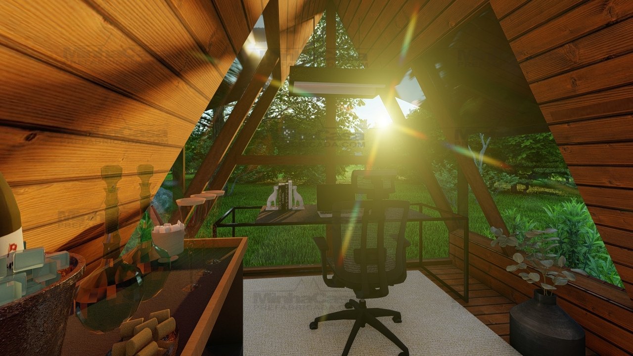 Interior da Pousada POP 1.9 – Iluminação Próxima ao Entardecer (3D) Render 3D interno da Pousada POP 1.9 com iluminação simulando o entardecer