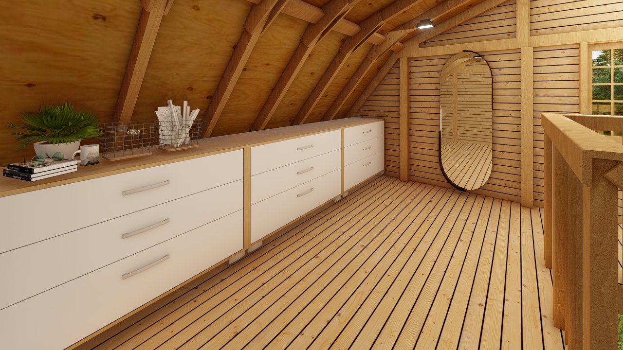 Galpão Celeiro de 64,88m² — Mezanino com amplo espaço mobiliado com armários Galpão Celeiro de 64,88m² pré-fabricado em madeira pinus autoclave — mezanino com amplo espaço mobiliado com armários