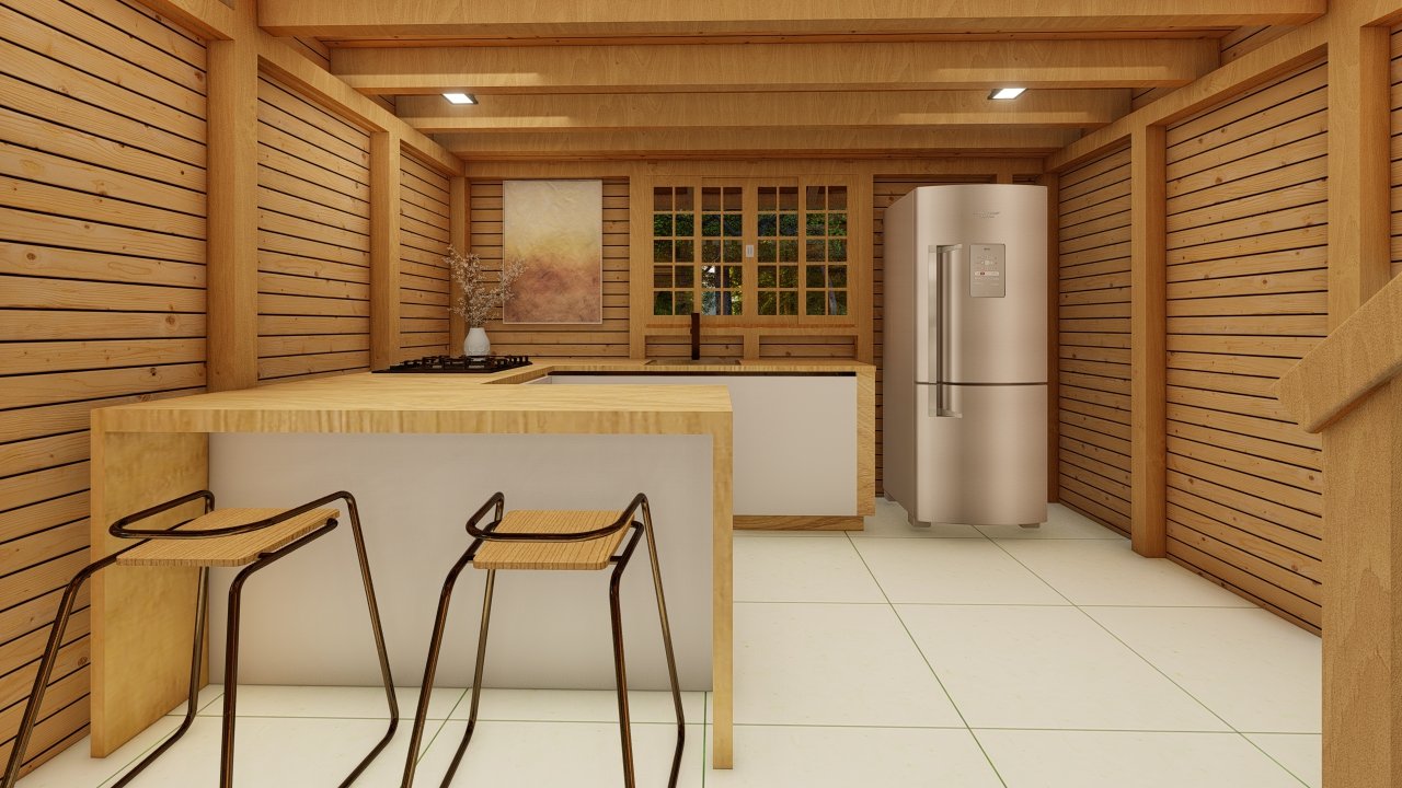 Galpão Celeiro de 64,88m² — Cozinha em foco Galpão Celeiro de 64,88m² pré-fabricado em madeira pinus autoclave — cozinha em foco