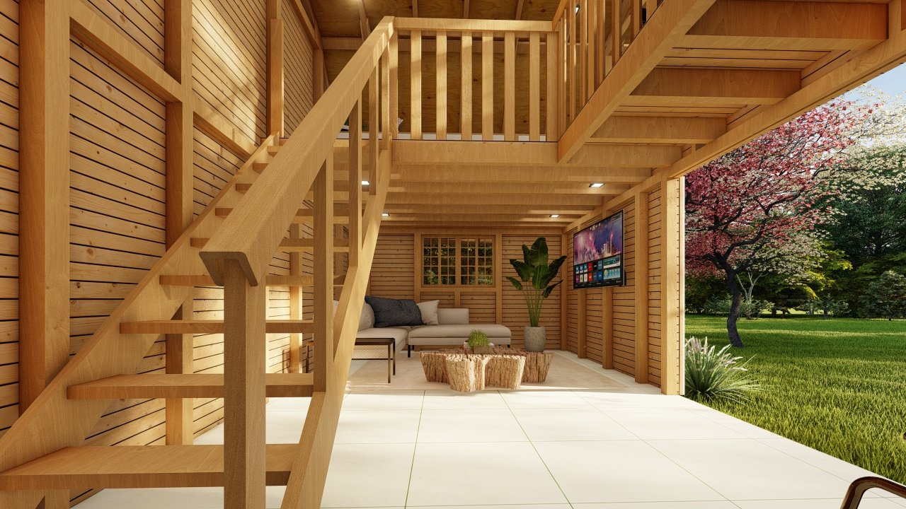 Galpão Celeiro de 64,88m² — Visão ampla do interior com escada do mezanino Galpão Celeiro de 64,88m² pré-fabricado em madeira pinus autoclave — visão ampla do interior com escada do mezanino