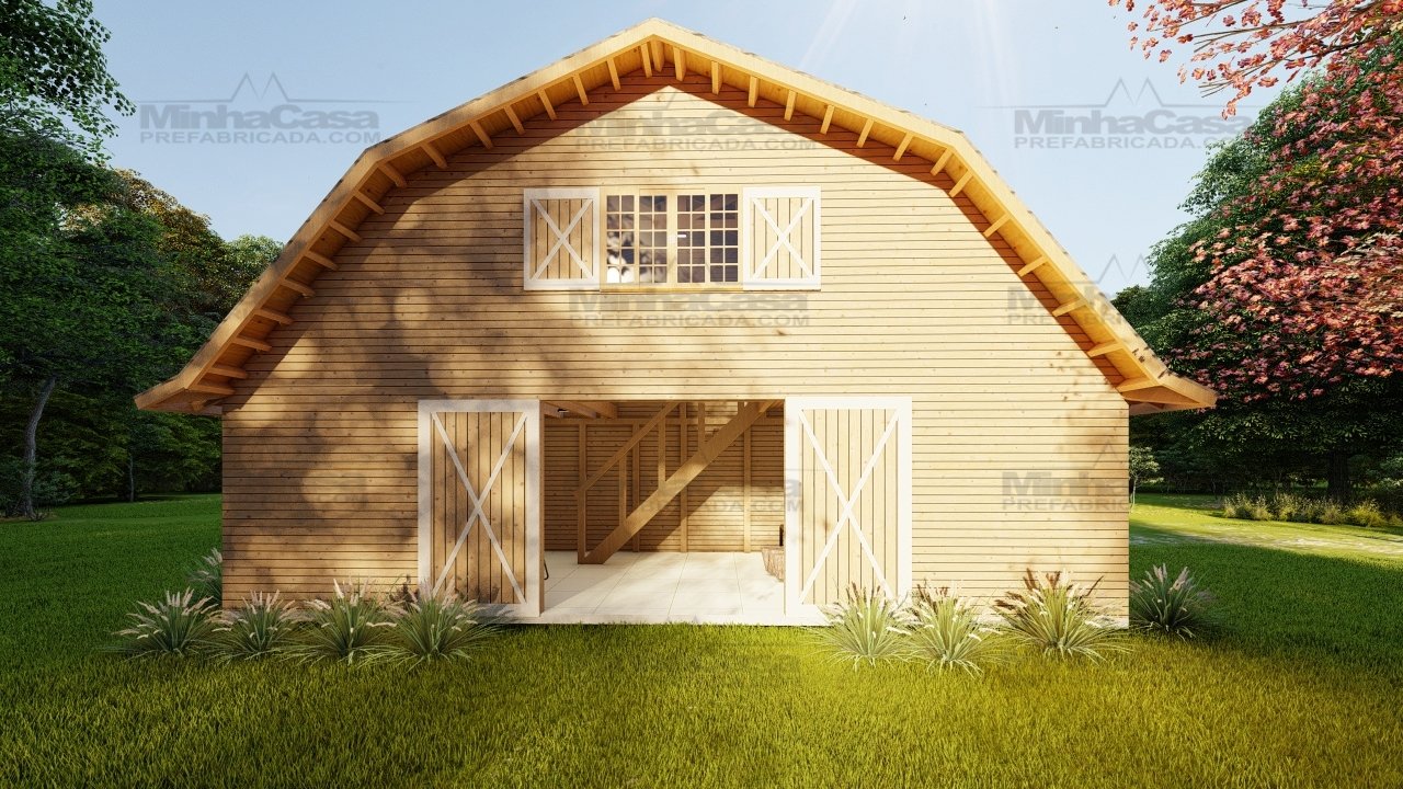 Galpão Celeiro de 64,88m² — Fachada principal Galpão Celeiro de 64,88m² pré-fabricado em madeira pinus autoclave — fachada principal