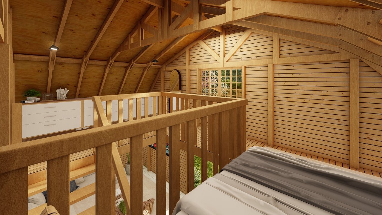 Galpão Celeiro de 64,88m² — Mezanino com cama e visão ampla do espaço Galpão Celeiro de 64,88m² pré-fabricado em madeira pinus autoclave — mezanino com cama e visão ampla do espaço