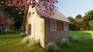 Galpão Celeiro de 64,88m² pré-fabricado em madeira pinus autoclave — fachada principal com lateral esquerda