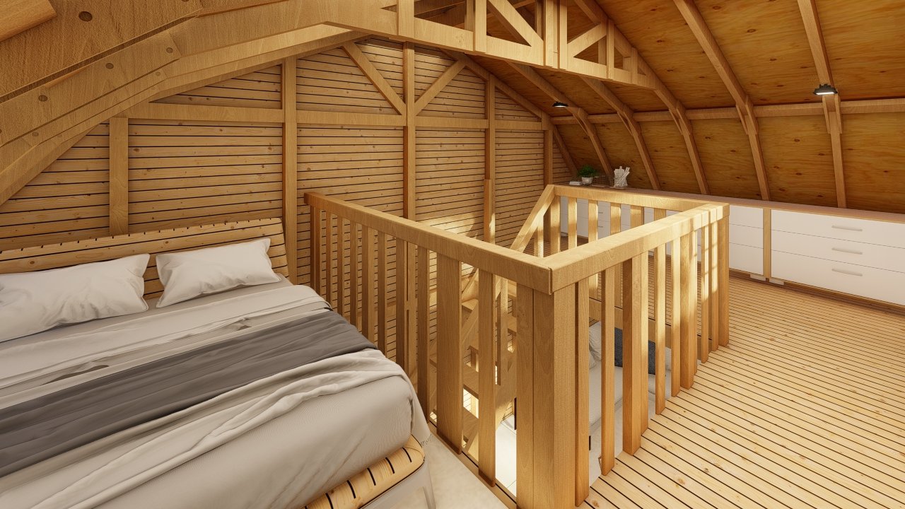 Galpão Celeiro de 64,88m² — Mezanino com cama em outro ângulo Galpão Celeiro de 64,88m² pré-fabricado em madeira pinus autoclave — mezanino com cama em outro ângulo
