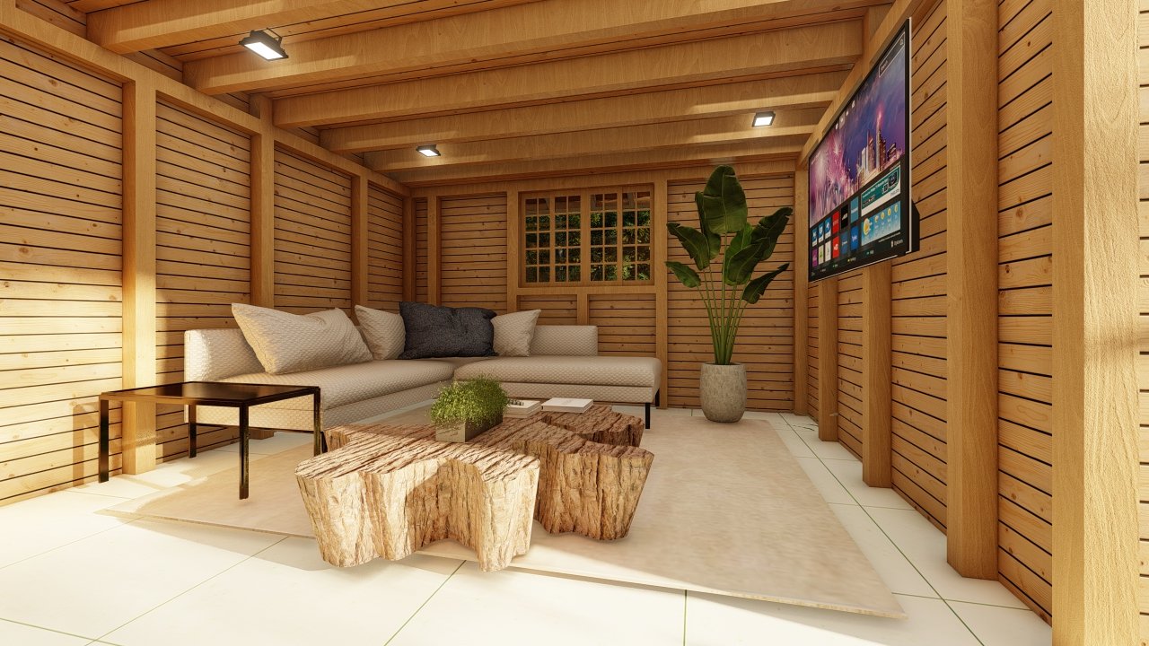 Galpão Celeiro de 64,88m² — Interior com foco na sala Galpão Celeiro de 64,88m² pré-fabricado em madeira pinus autoclave — interior com foco na sala