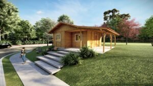 POP 2.8 de 71,96m² pré-fabricado em madeira pinus autoclave — fachada principal com varanda e lateral esquerda