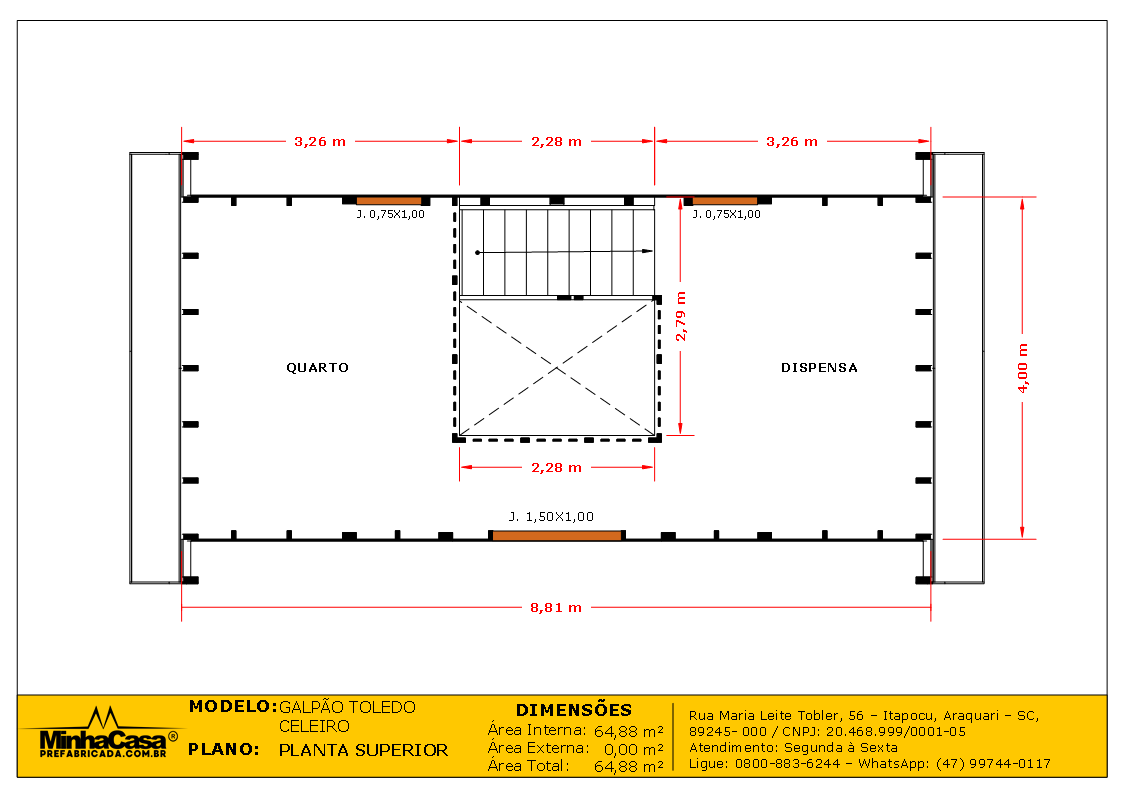 Galpão Celeiro de 64,88m² — Planta baixa superior Galpão Celeiro de 64,88m² pré-fabricado em madeira pinus autoclave — planta baixa superior