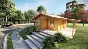 POP 2.8 de 71,96m² pré-fabricado em madeira pinus autoclave — fachada principal aproximada com visão do telhado