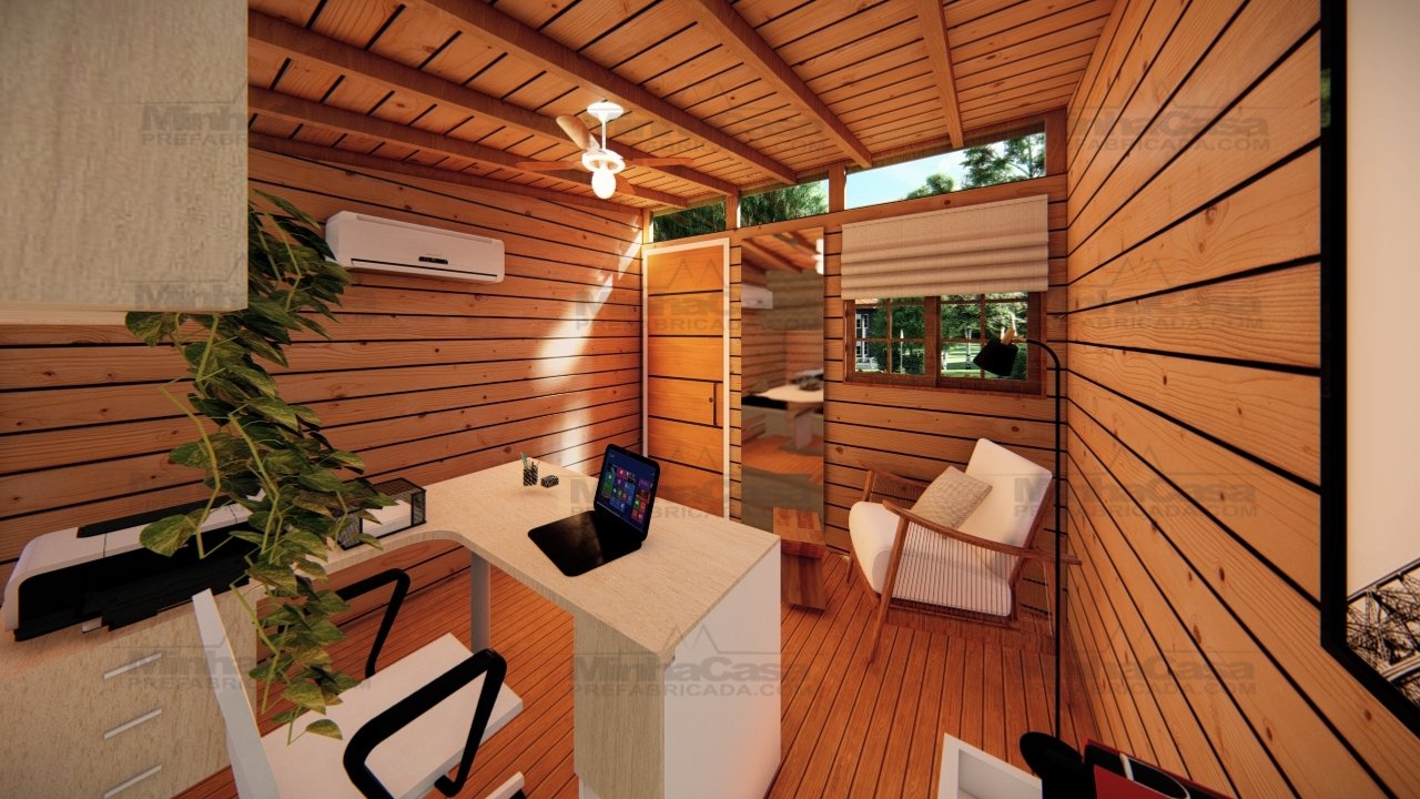 Tiny House TH05 – Visão Geral Ampliada (3D) Render 3D com enquadramento distante mostrando toda a TH05