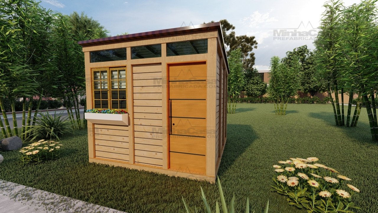 Tiny House TH05 – Fachada Principal em 3D Render 3D da fachada principal da Tiny House TH05 em madeira pinus autoclave