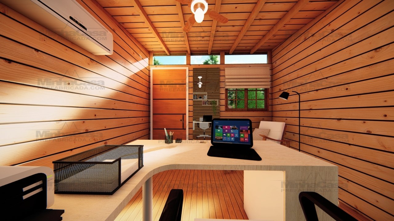 Tiny House TH05 – Visão Interna Geral para a Porta (3D) Render 3D da TH05 mostrando todo o interior em direção à porta