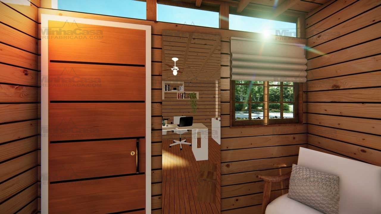 Tiny House TH05 – Interior 3D com Vista para a Porta Render interno 3D da TH05 com foco na porta de entrada
