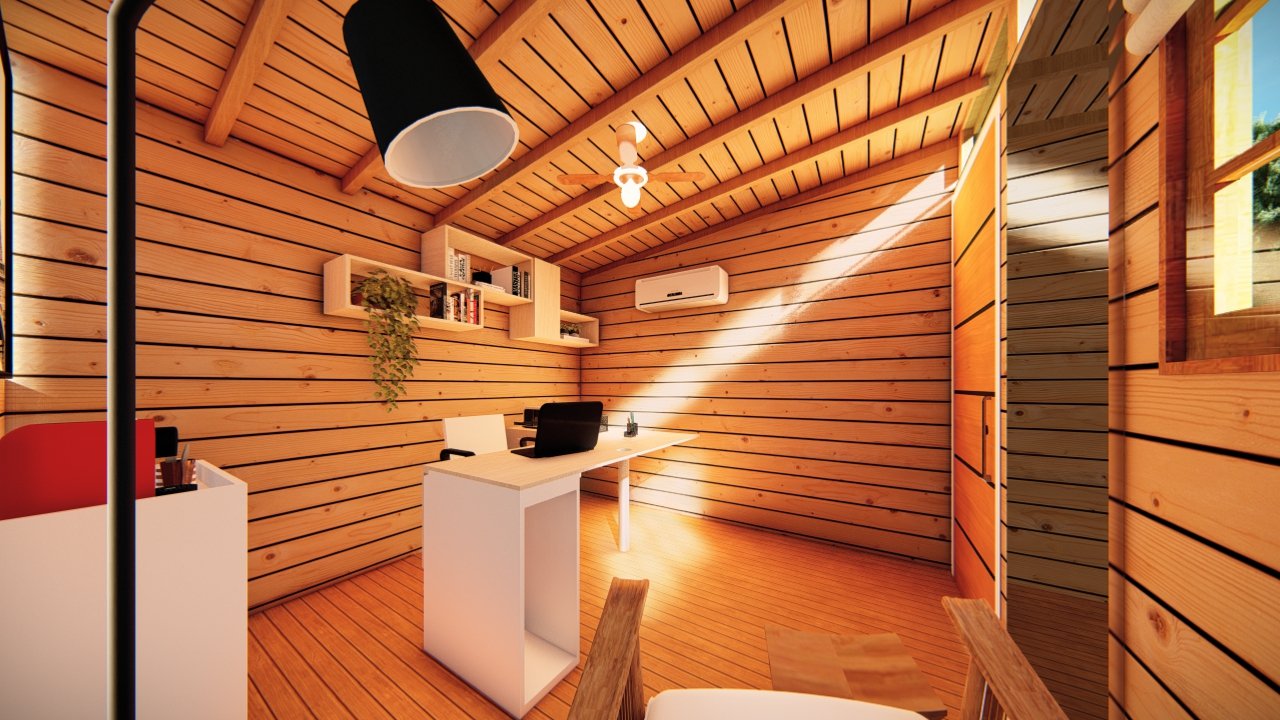 Tiny House TH05 – Interior 3D em Direção à Parede Final Render interno 3D da TH05 com vista geral para a parede final