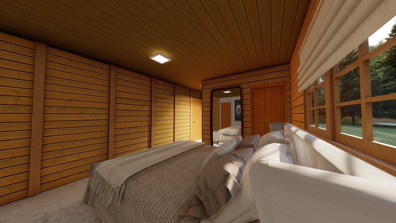 POP Cananeia de 61,00m² — Quarto em visão para a porta de saída POP Cananeia de 61,00m² pré-fabricado em madeira pinus autoclave — quarto em visão para a porta de saída