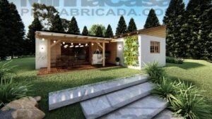 POP Cananeia de 61,00m² pré-fabricado em madeira pinus autoclave — fachada principal em visão distante