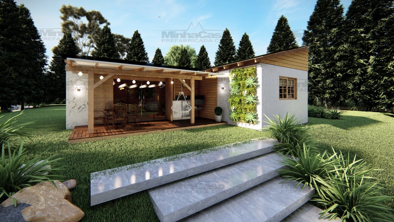 POP Cananeia de 61,00m² — Fachada principal em visão distante POP Cananeia de 61,00m² pré-fabricado em madeira pinus autoclave — fachada principal em visão distante