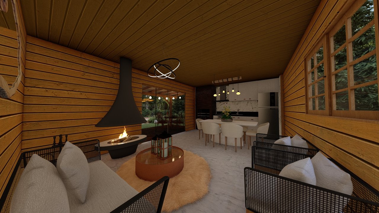 POP Cananeia de 61,00m² — Interior amplo com sala e cozinha POP Cananeia de 61,00m² pré-fabricado em madeira pinus autoclave — interior amplo com sala e cozinha