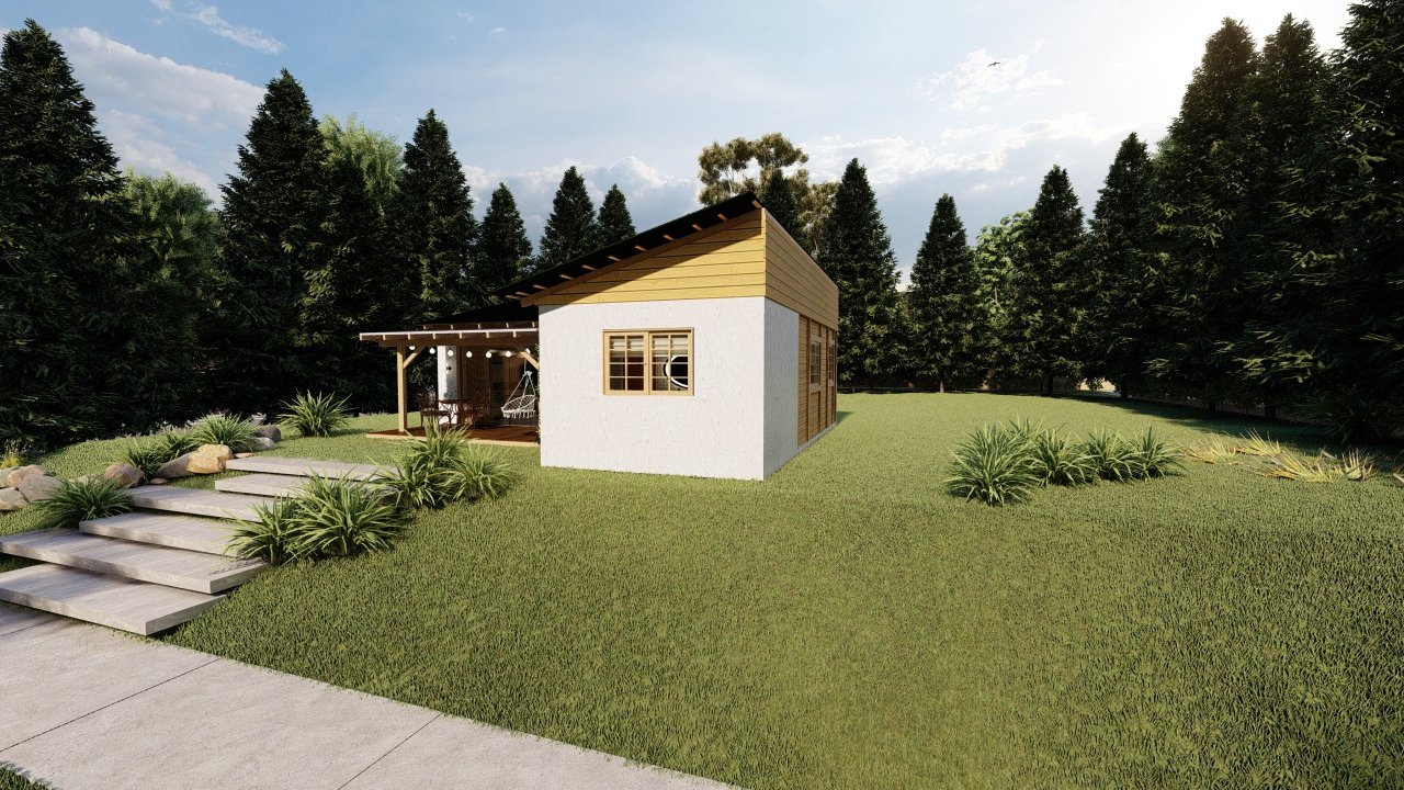 POP Cananeia de 61,00m² — Fachada principal com lateral esquerda POP Cananeia de 61,00m² pré-fabricado em madeira pinus autoclave — fachada principal com lateral esquerda