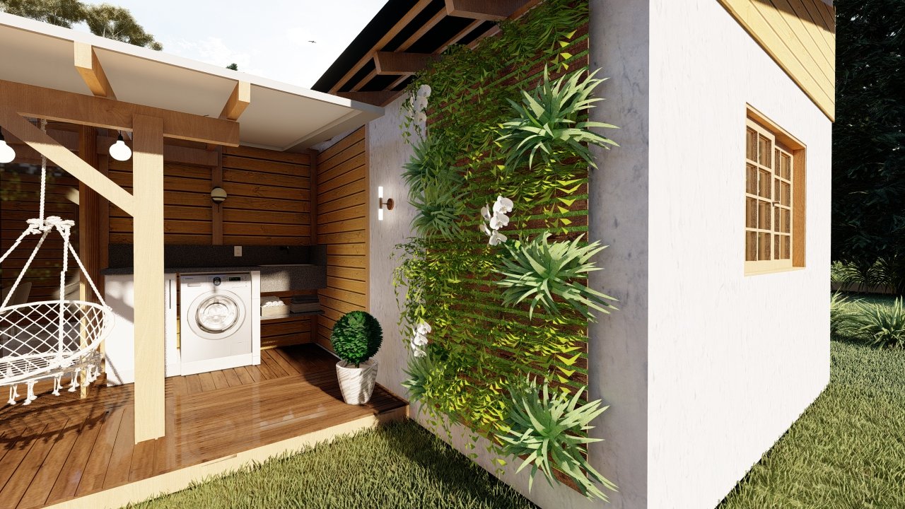 POP Cananeia de 61,00m² — Varanda com espaço reservado para lavanderia POP Cananeia de 61,00m² pré-fabricado em madeira pinus autoclave — varanda com espaço reservado para lavanderia