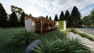 POP Cananeia de 61,00m² pré-fabricado em madeira pinus autoclave — fachada principal em visão distante com lateral direita