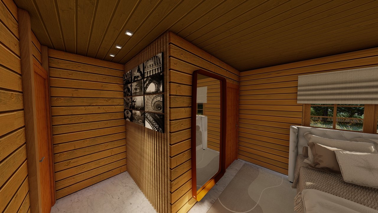 POP Cananeia de 61,00m² — Quarto em outro ângulo POP Cananeia de 61,00m² pré-fabricado em madeira pinus autoclave — quarto em outro ângulo
