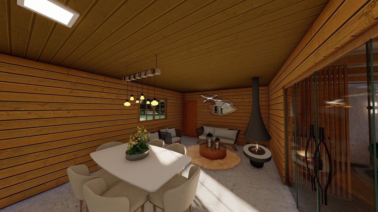 POP Cananeia de 61,00m² — Sala com mesa de jantar POP Cananeia de 61,00m² pré-fabricado em madeira pinus autoclave — sala com mesa de jantar