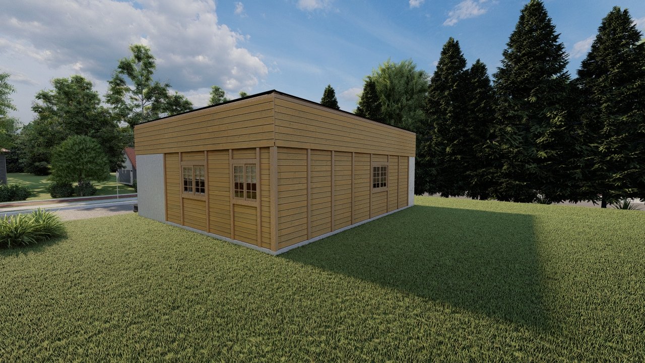 POP Cananeia de 61,00m² — Fachada posterior com lateral esquerda POP Cananeia de 61,00m² pré-fabricado em madeira pinus autoclave — fachada posterior com lateral esquerda