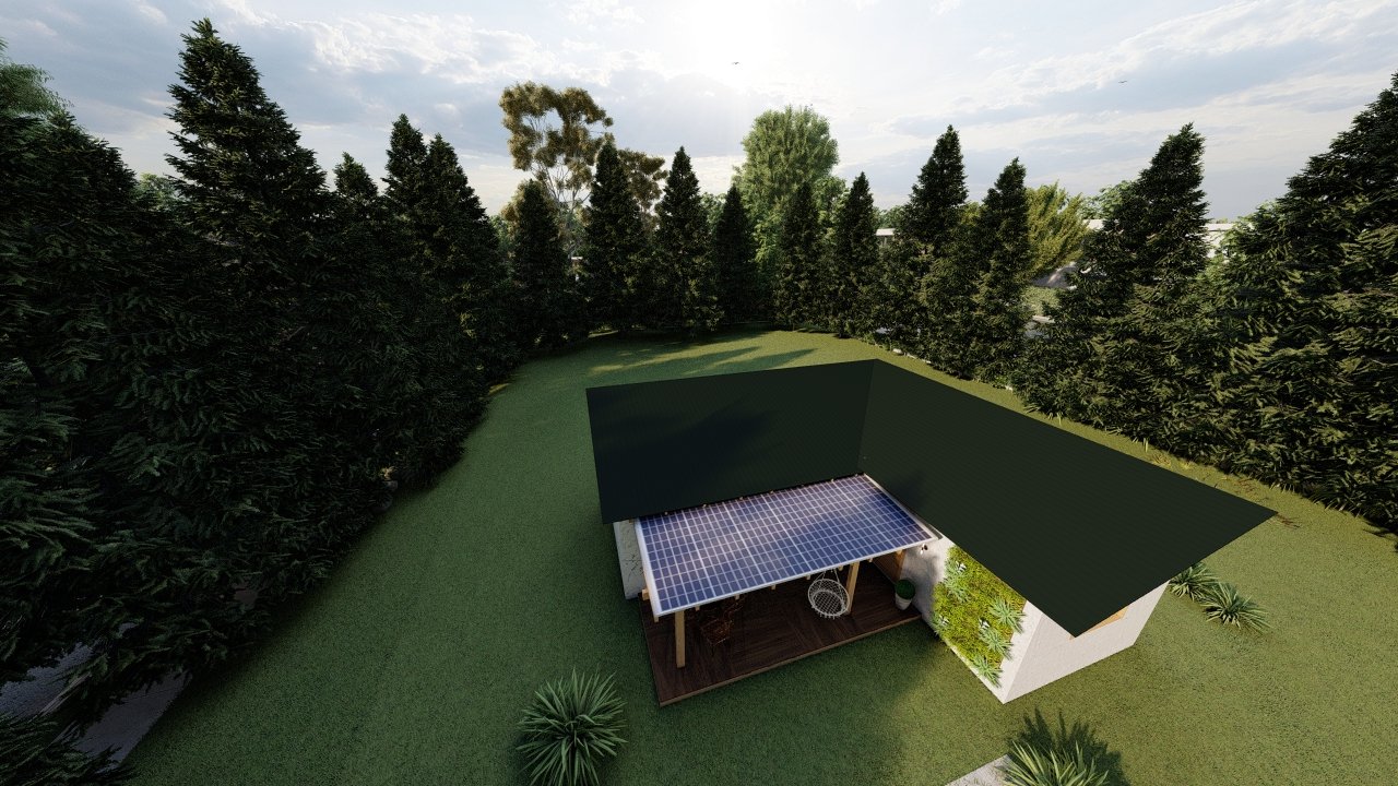 POP Cananeia de 61,00m² — Visão superior do telhado como de drone POP Cananeia de 61,00m² pré-fabricado em madeira pinus autoclave — visão superior do telhado como de drone