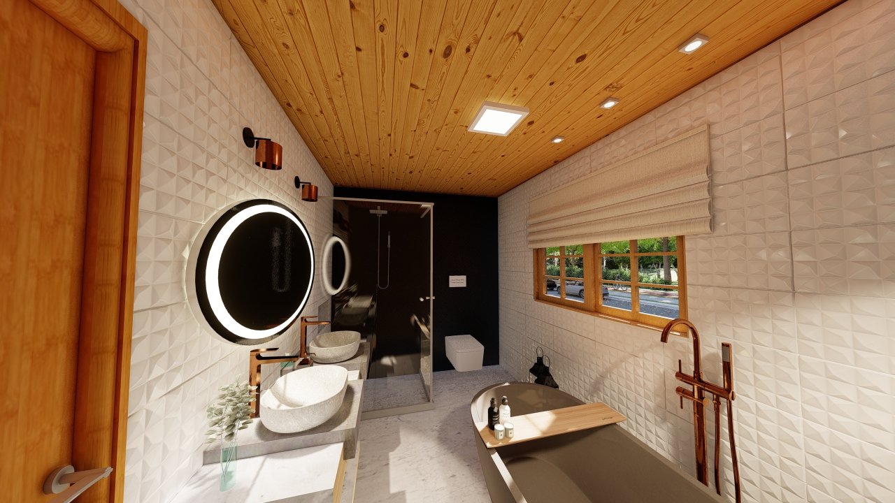 POP Cananeia de 61,00m² — Banheiro em foco POP Cananeia de 61,00m² pré-fabricado em madeira pinus autoclave — banheiro em foco