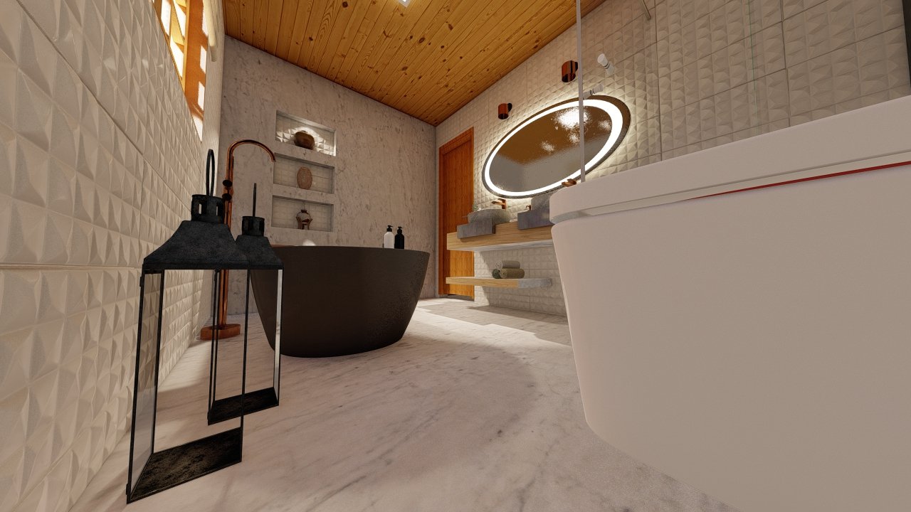 POP Cananeia de 61,00m² — Banheiro em visão baixa POP Cananeia de 61,00m² pré-fabricado em madeira pinus autoclave — banheiro em visão baixa