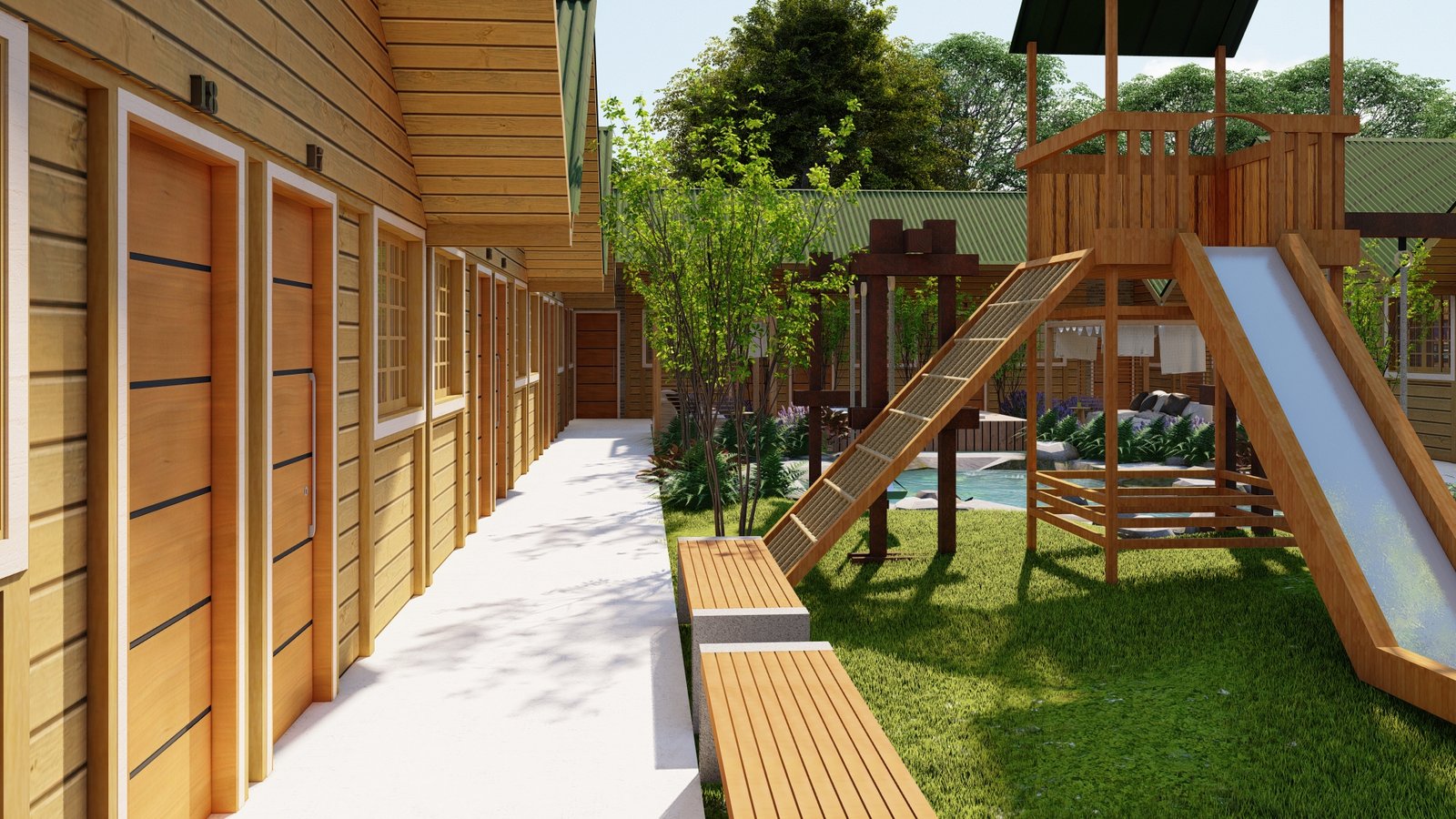 Casa prefabricada de madeira pousada corredor