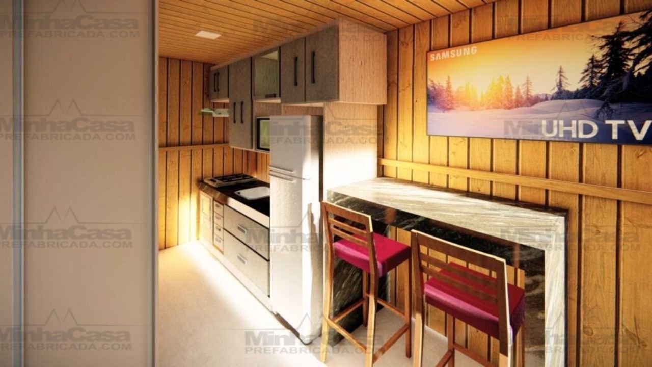 Super Pop 1 – Interior Ampliado: Porta → Cozinha (3D) Visão interna do Super Pop 1 da porta principal para a cozinha (3D)