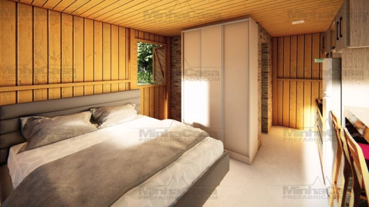 Super Pop 1 – Quarto com Cama em Destaque (3D) Quarto do Super Pop 1 com cama e visão geral do ambiente (3D)