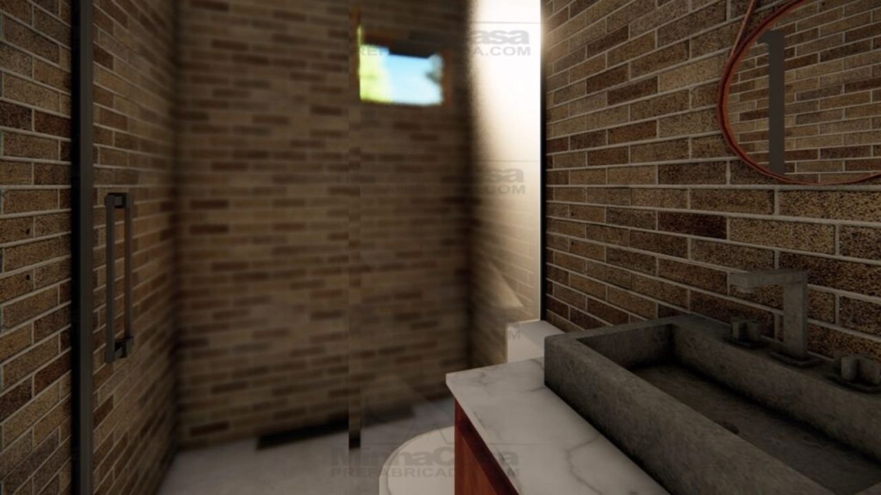 Super Pop 1 – Banheiro com Box em Destaque (3D) Banheiro do Super Pop 1 com foco no box (3D)