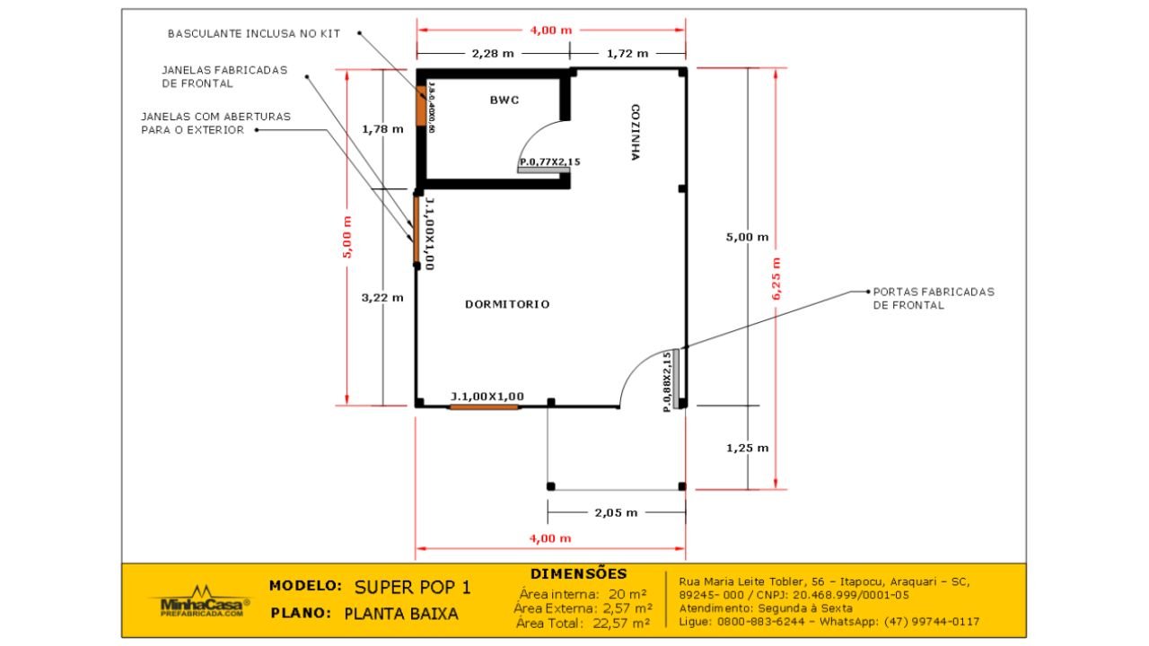Super Pop 1 (22,57 m²) – Planta Baixa do Projeto Planta baixa do Super Pop 1 com distribuição interna