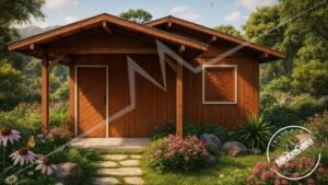 Super POP 3 de 47,48m² pré-fabricado em madeira pinus autoclave — fachada principal com paisagismo ultra-realista