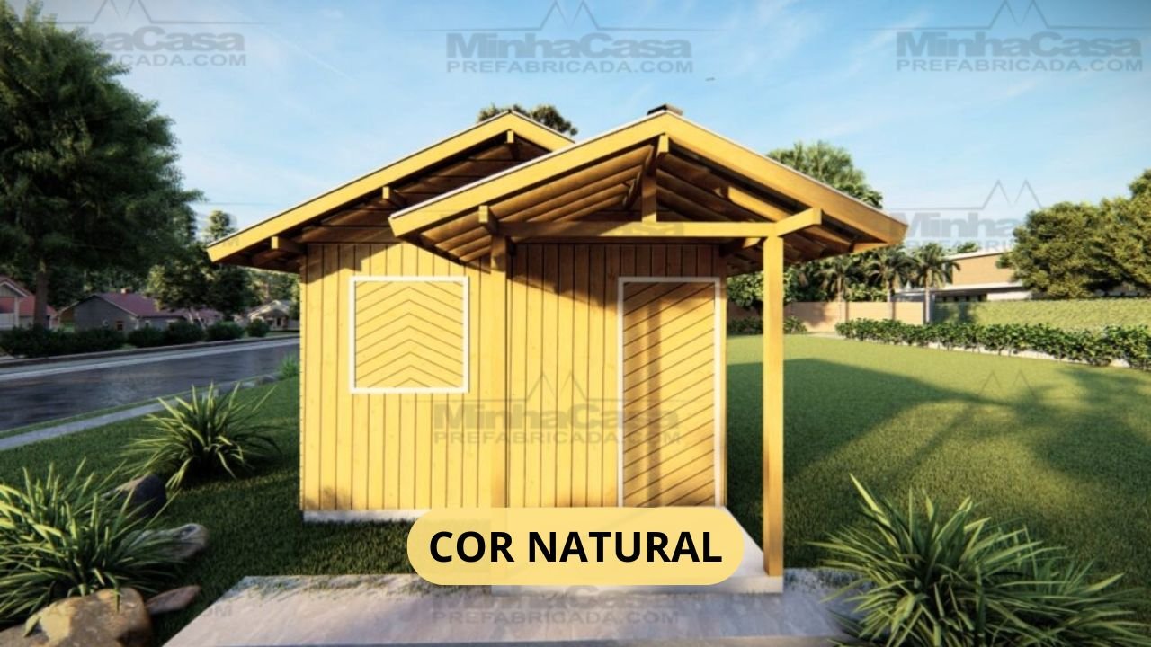 Super Pop 1 – Fachada em Cor Natural (3D) Fachada do Super Pop 1 com acabamento natural em pinus autoclave