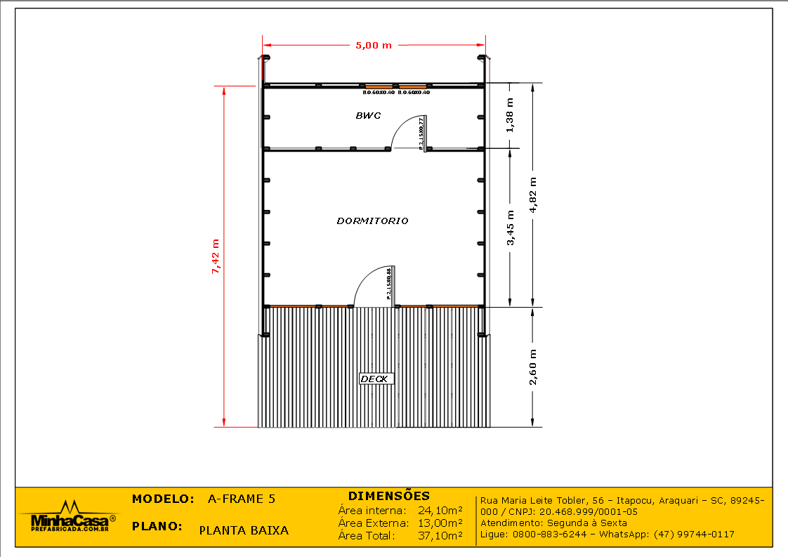 Planta simples de chalé A-frame com deck Chalé A-Frame 5 de 37,10m² pré-fabricado em madeira pinus autoclave — planta baixa