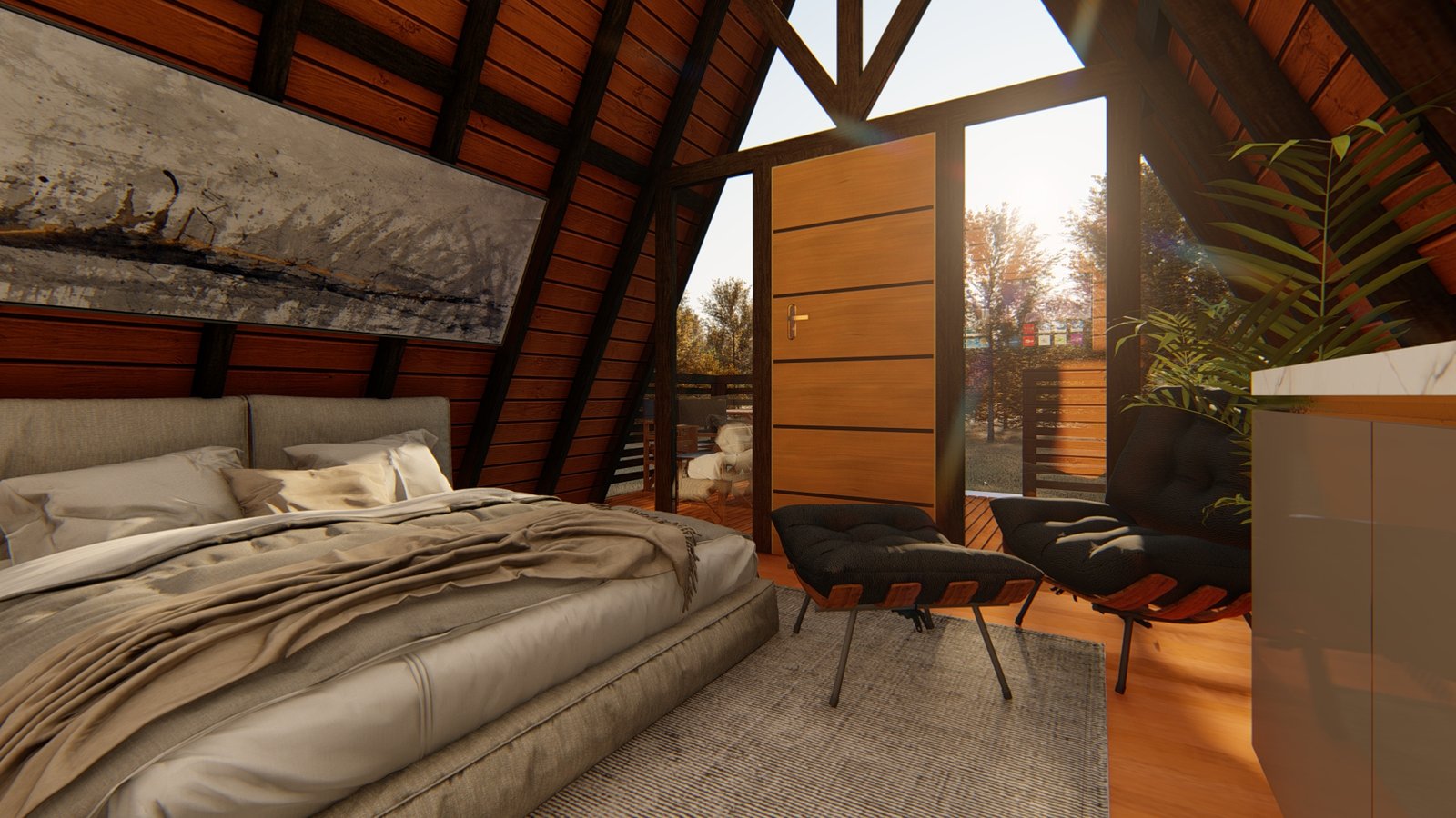 Chalé A-Frame 5 de 37,10m² — Quarto em foco com cama Chalé A-Frame 5 de 37,10m² pré-fabricado em madeira pinus autoclave — quarto em foco com cama