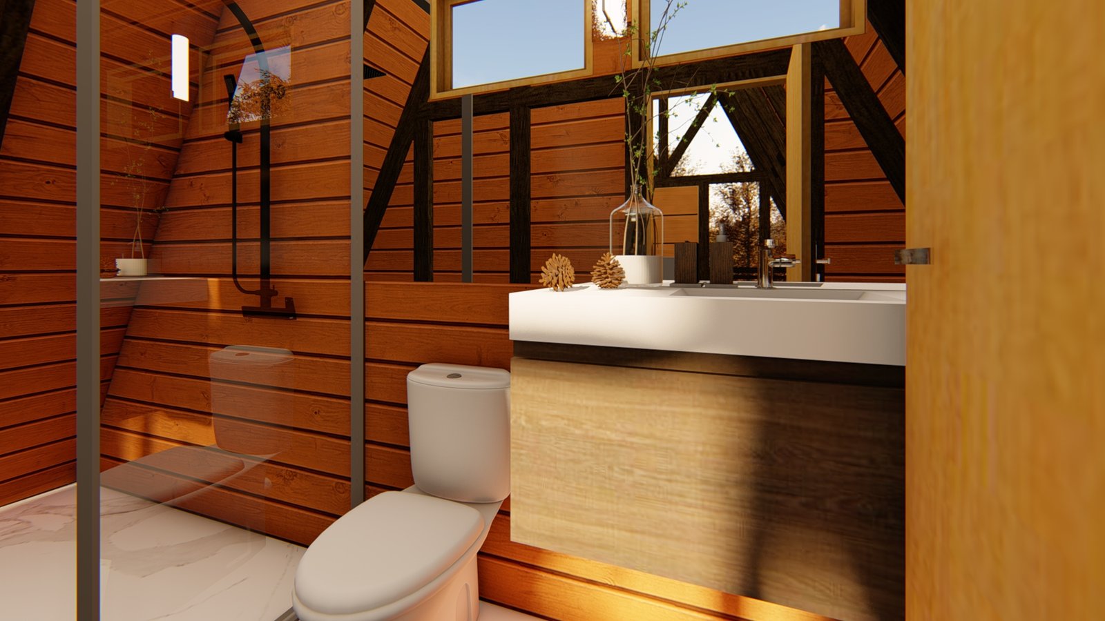 Chalé A-Frame 5 de 37,10m² — Banheiro em foco Chalé A-Frame 5 de 37,10m² pré-fabricado em madeira pinus autoclave — banheiro em foco