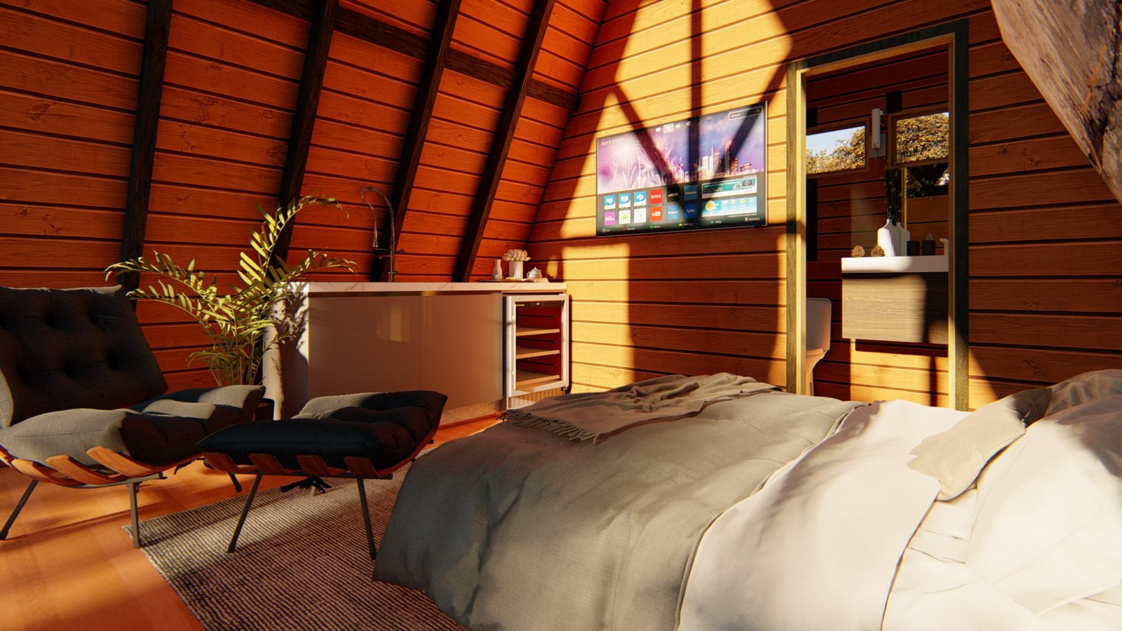 Chalé A-Frame 5 de 37,10m² — Interior com visão alternativa da cama para o banheiro Chalé A-Frame 5 de 37,10m² pré-fabricado em madeira pinus autoclave — interior com visão alternativa da cama para o banheiro