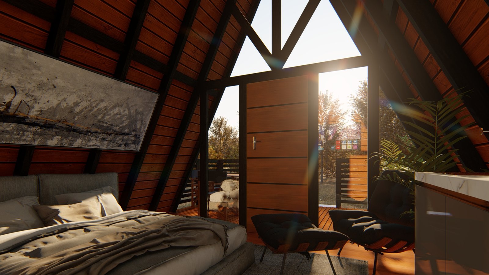 Chalé A-Frame 5 de 37,10m² — Interior voltado para a porta com paisagem visível Chalé A-Frame 5 de 37,10m² pré-fabricado em madeira pinus autoclave — interior voltado para a porta com paisagem visível