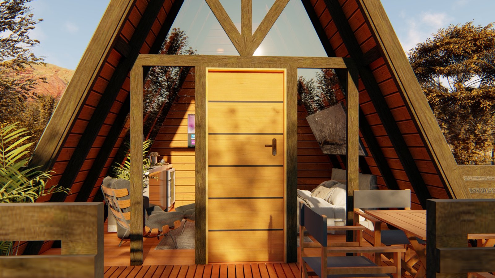 Chalé A-Frame 5 de 37,10m² — Fachada principal em visão aproximada Chalé A-Frame 5 de 37,10m² pré-fabricado em madeira pinus autoclave — fachada principal em visão aproximada