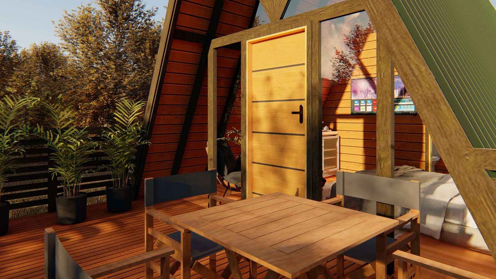 Chalé A-Frame 5 de 37,10m² — Deck em foco com entrada principal Chalé A-Frame 5 de 37,10m² pré-fabricado em madeira pinus autoclave — deck em foco com entrada principal